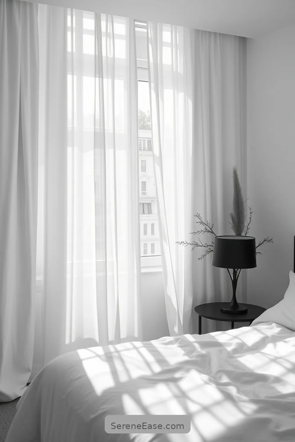 24 Stunning Ways to Embrace Black and White Minimalist Style in Your Bedroom 8 Embrace Natural Light With Sheer Curtains for 24 Stunning Ways to Embrace Black and White Minimalist Style in Your Bedroom