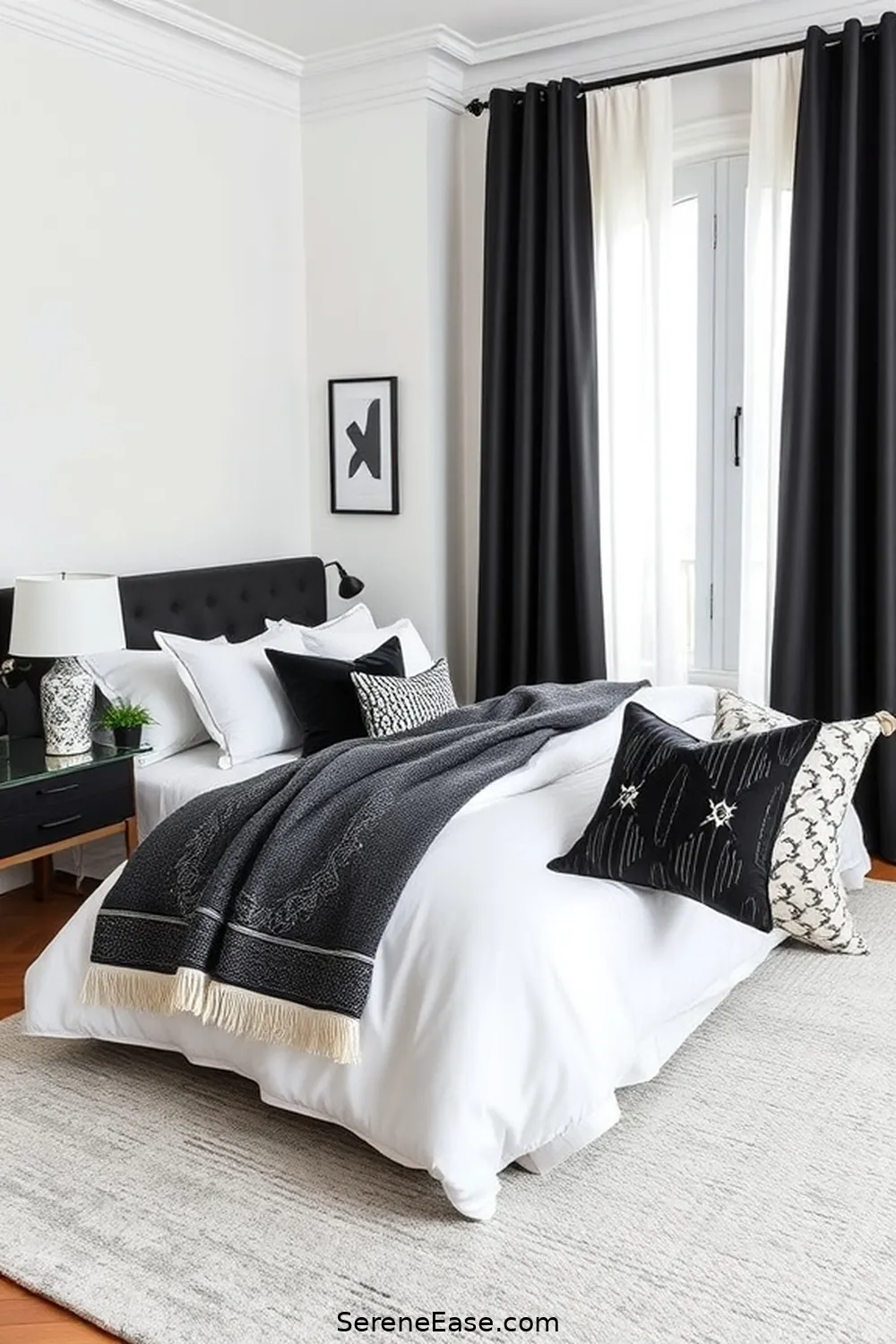 24 Stunning Ways to Embrace Black and White Minimalist Style in Your Bedroom 20 Incorporate Black and White Textiles for 24 Stunning Ways to Embrace Black and White Minimalist Style in Your Bedroom