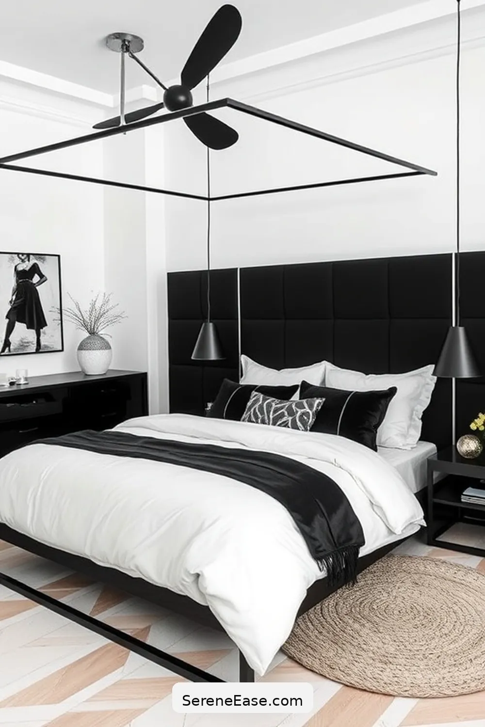 24 Stunning Ways to Embrace Black and White Minimalist Style in Your Bedroom 13 Incorporate a Mix of Materials for 24 Stunning Ways to Embrace Black and White Minimalist Style in Your Bedroom