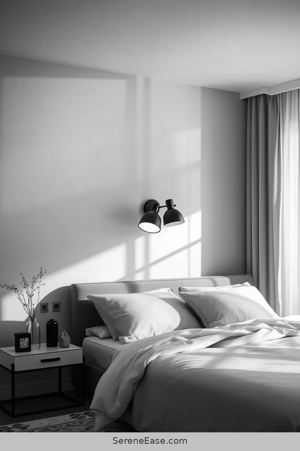 24 Stunning Ways to Embrace Black and White Minimalist Style in Your Bedroom 10 Integrate Minimalist Lighting Fixtures for 24 Stunning Ways to Embrace Black and White Minimalist Style in Your Bedroom