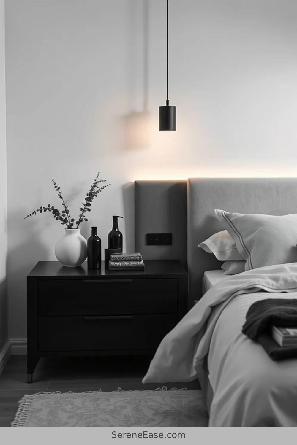 24 Stunning Ways to Embrace Black and White Minimalist Style in Your Bedroom 22 Keep the Nightstand Clutter-Free for 24 Stunning Ways to Embrace Black and White Minimalist Style in Your Bedroom