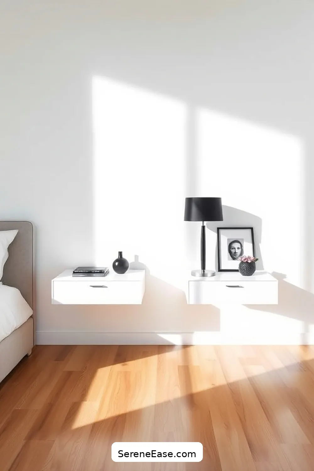 24 Stunning Ways to Embrace Black and White Minimalist Style in Your Bedroom 17 Opt for Floating Nightstands for 24 Stunning Ways to Embrace Black and White Minimalist Style in Your Bedroom