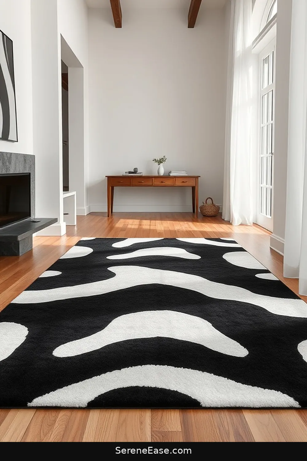 24 Stunning Ways to Embrace Black and White Minimalist Style in Your Bedroom 7 Select an Elegant Black and White Area Rug for 24 Stunning Ways to Embrace Black and White Minimalist Style in Your Bedroom