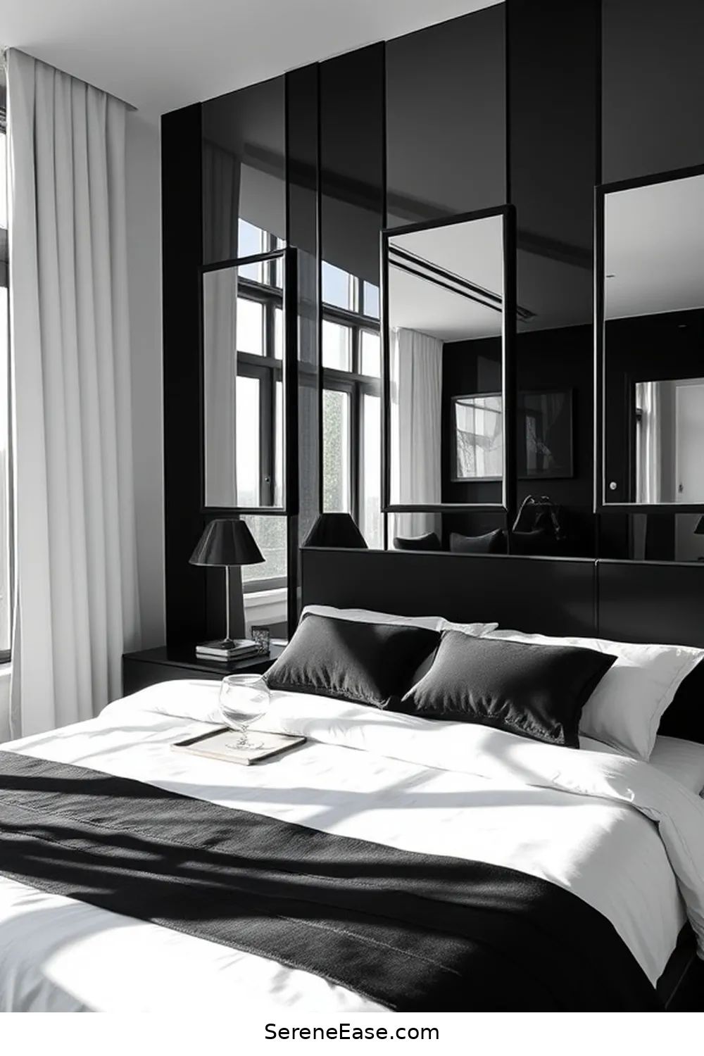 24 Stunning Ways to Embrace Black and White Minimalist Style in Your Bedroom 16 Use Mirrors to Enhance Light and Space for 24 Stunning Ways to Embrace Black and White Minimalist Style in Your Bedroom