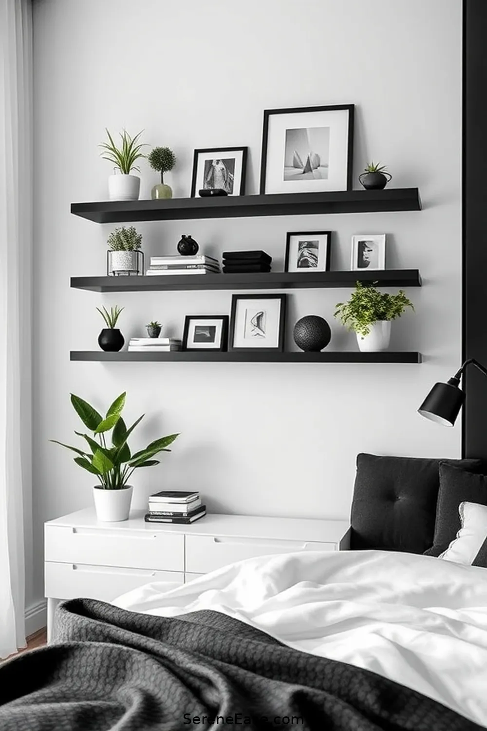 24 Stunning Ways to Embrace Black and White Minimalist Style in Your Bedroom 24 Use Wall-mounted Shelves for Display for 24 Stunning Ways to Embrace Black and White Minimalist Style in Your Bedroom