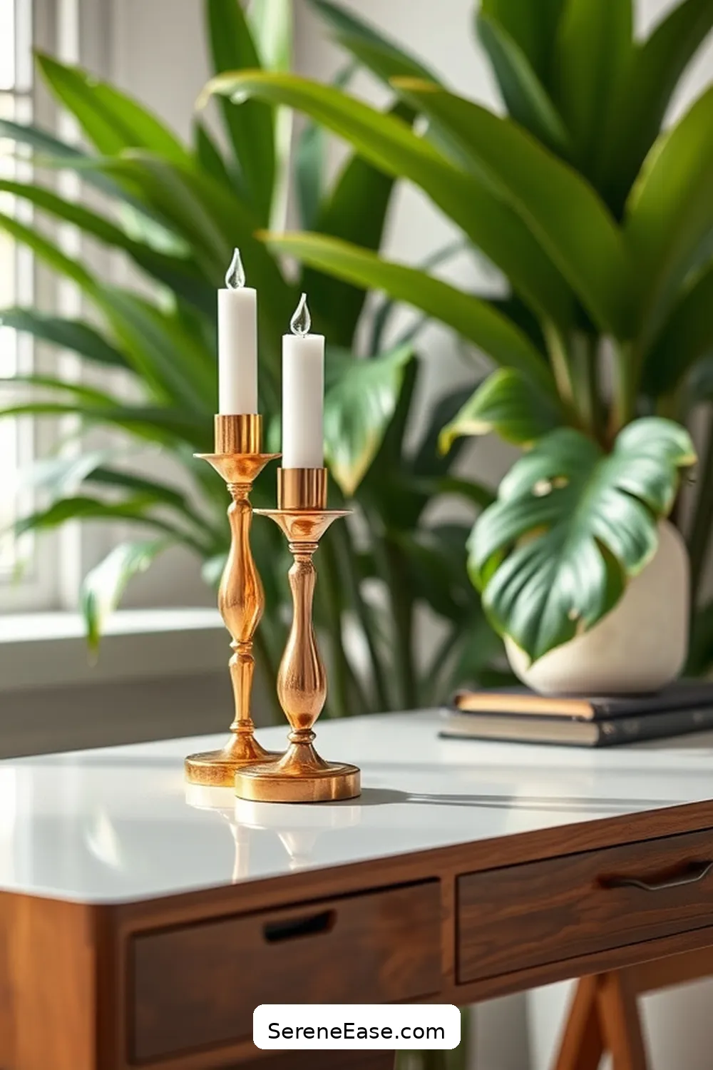 24 Stylish Ways to Incorporate Metallic Accents in Your Mid-Century Modern Home Office 17 Brass or Copper Candle Holders for 24 Stylish Ways to Incorporate Metallic Accents in Your Mid-Century Modern Home Office