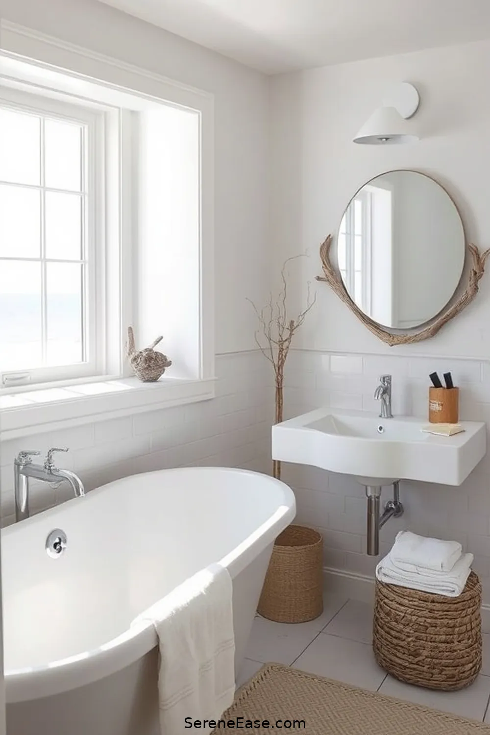 24 Ways to Create a Monochromatic Coastal Style Bathroom 6 Add Driftwood Accents for 24 Ways to Create a Monochromatic Coastal Style Bathroom