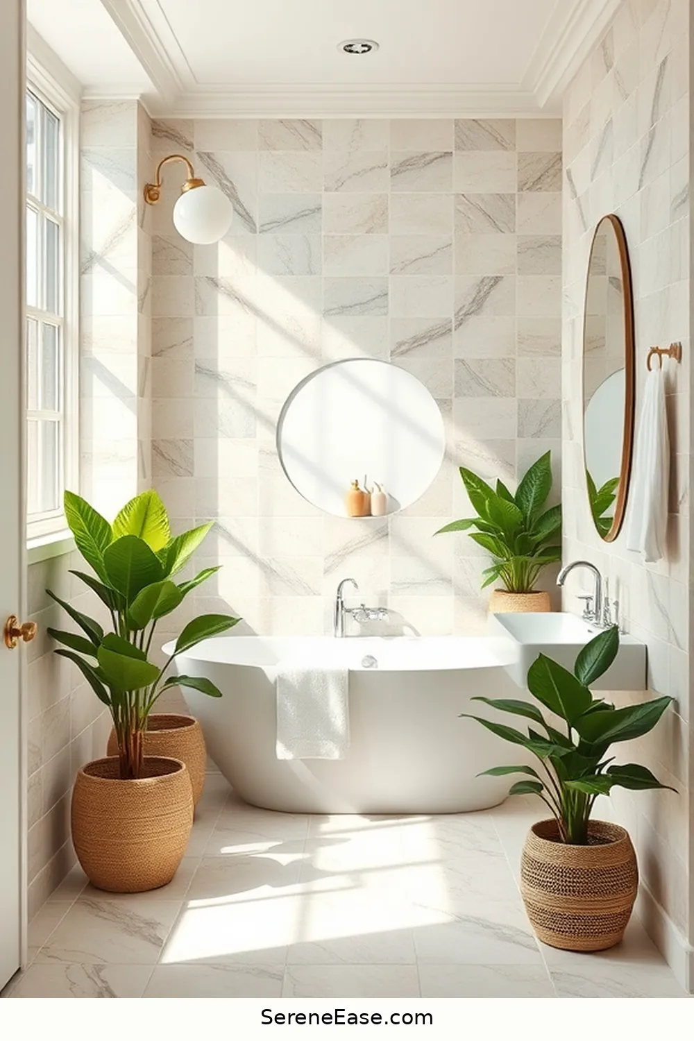 24 Ways to Create a Monochromatic Coastal Style Bathroom 16 Add Potted Coastal Plants for 24 Ways to Create a Monochromatic Coastal Style Bathroom