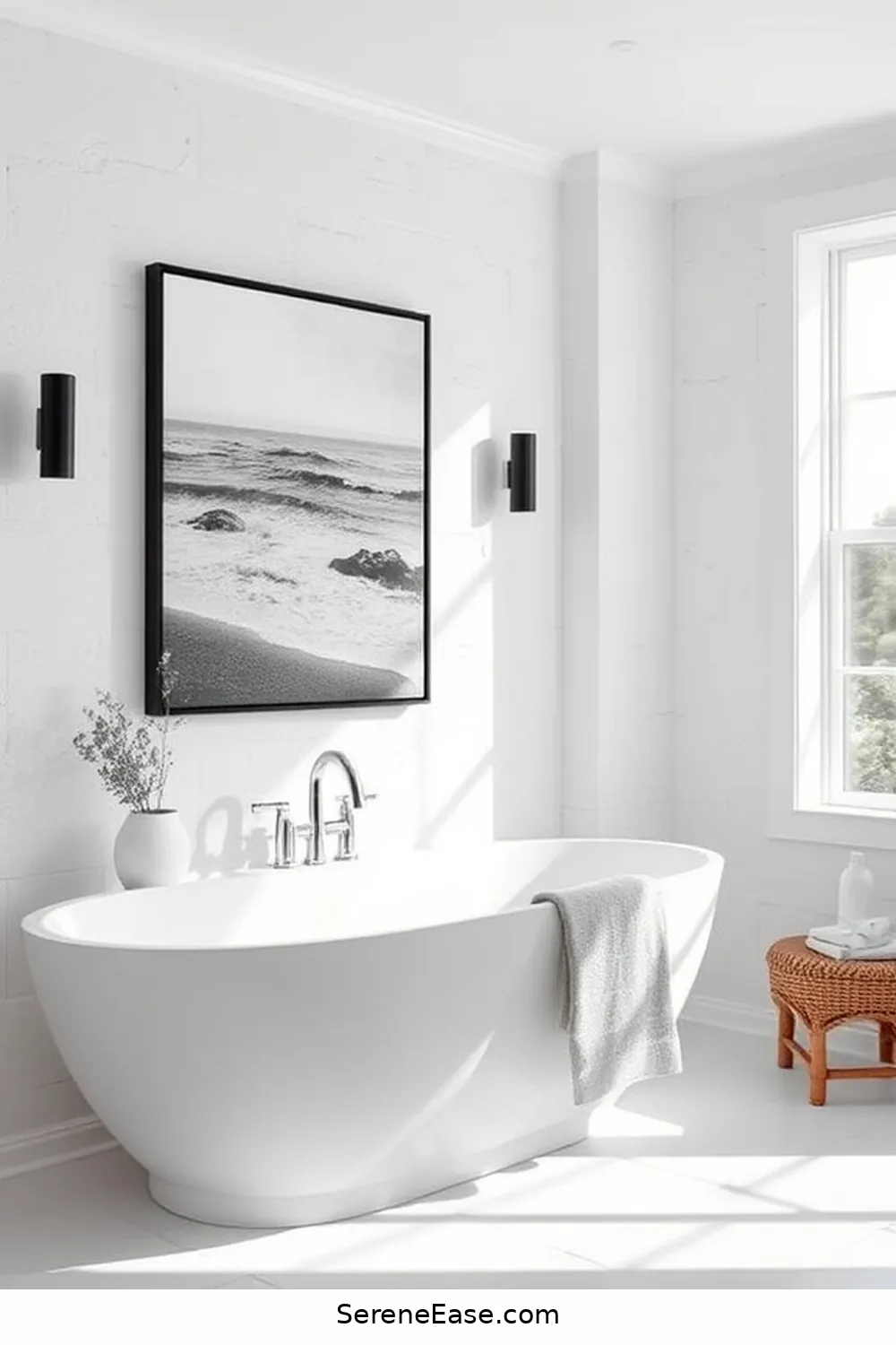 24 Ways to Create a Monochromatic Coastal Style Bathroom 10 Hang Coastal Artwork for 24 Ways to Create a Monochromatic Coastal Style Bathroom