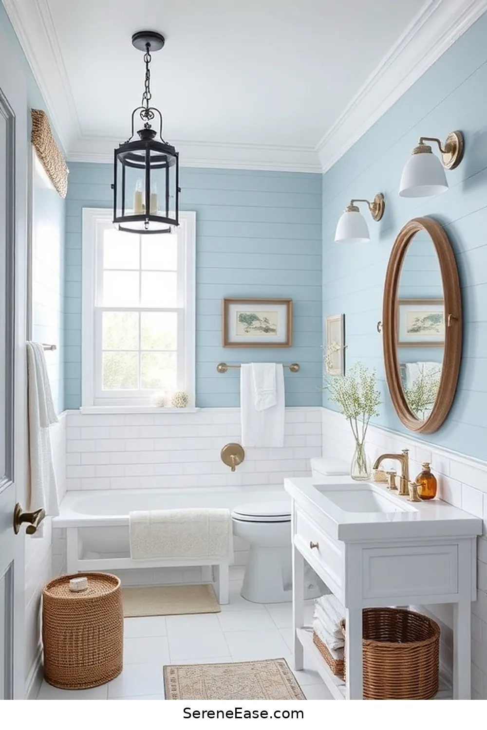 24 Ways to Create a Monochromatic Coastal Style Bathroom 11 Include Nautical Lighting Fixtures for 24 Ways to Create a Monochromatic Coastal Style Bathroom
