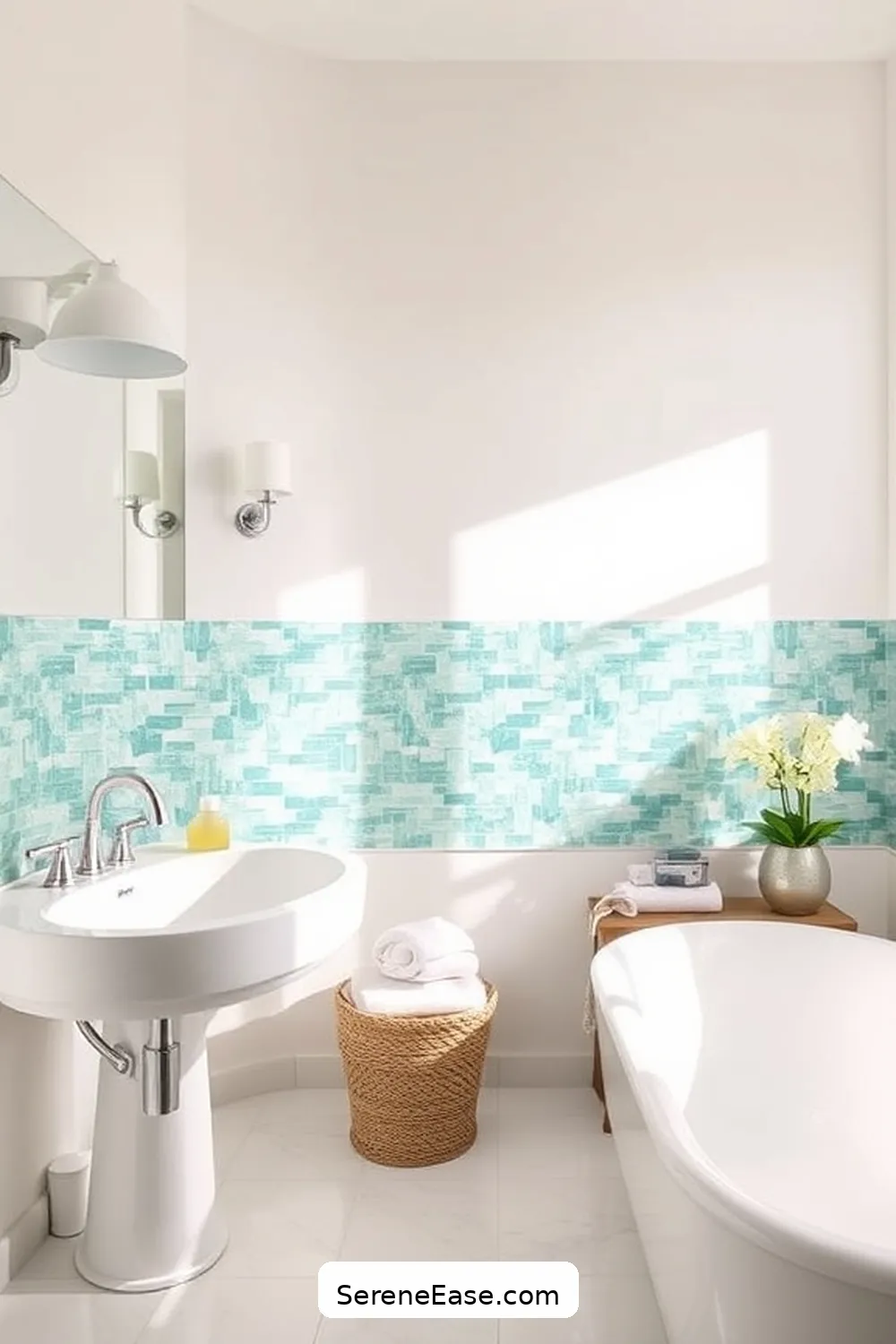 24 Ways to Create a Monochromatic Coastal Style Bathroom 8 Install a Sea Glass Backsplash for 24 Ways to Create a Monochromatic Coastal Style Bathroom