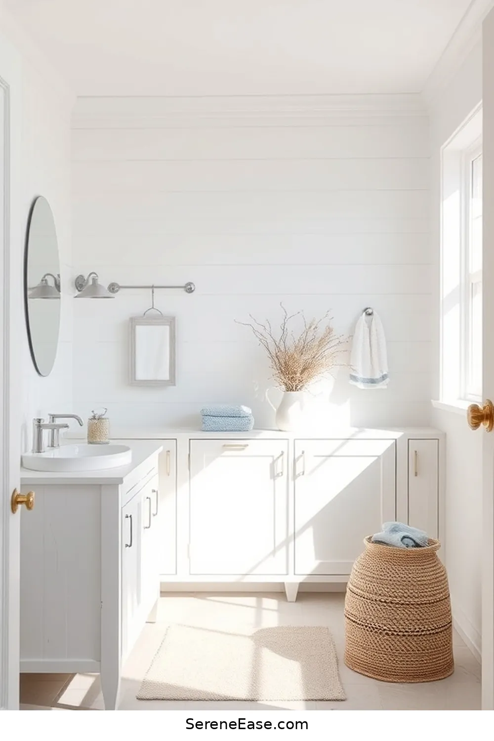 24 Ways to Create a Monochromatic Coastal Style Bathroom 7 Opt for Whitewashed Furniture for 24 Ways to Create a Monochromatic Coastal Style Bathroom