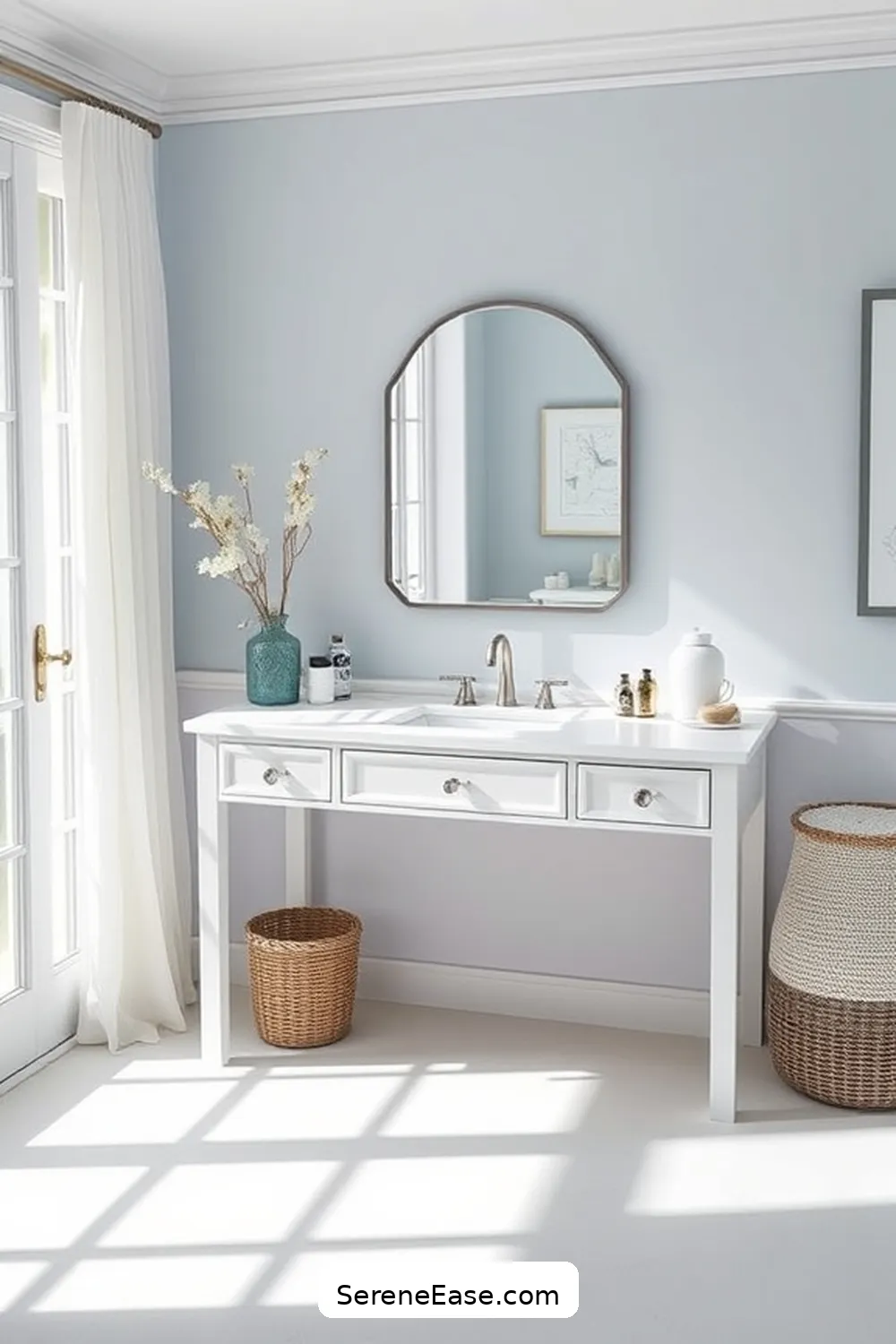 24 Ways to Create a Monochromatic Coastal Style Bathroom 21 Select a Simple, Clean Vanity for 24 Ways to Create a Monochromatic Coastal Style Bathroom