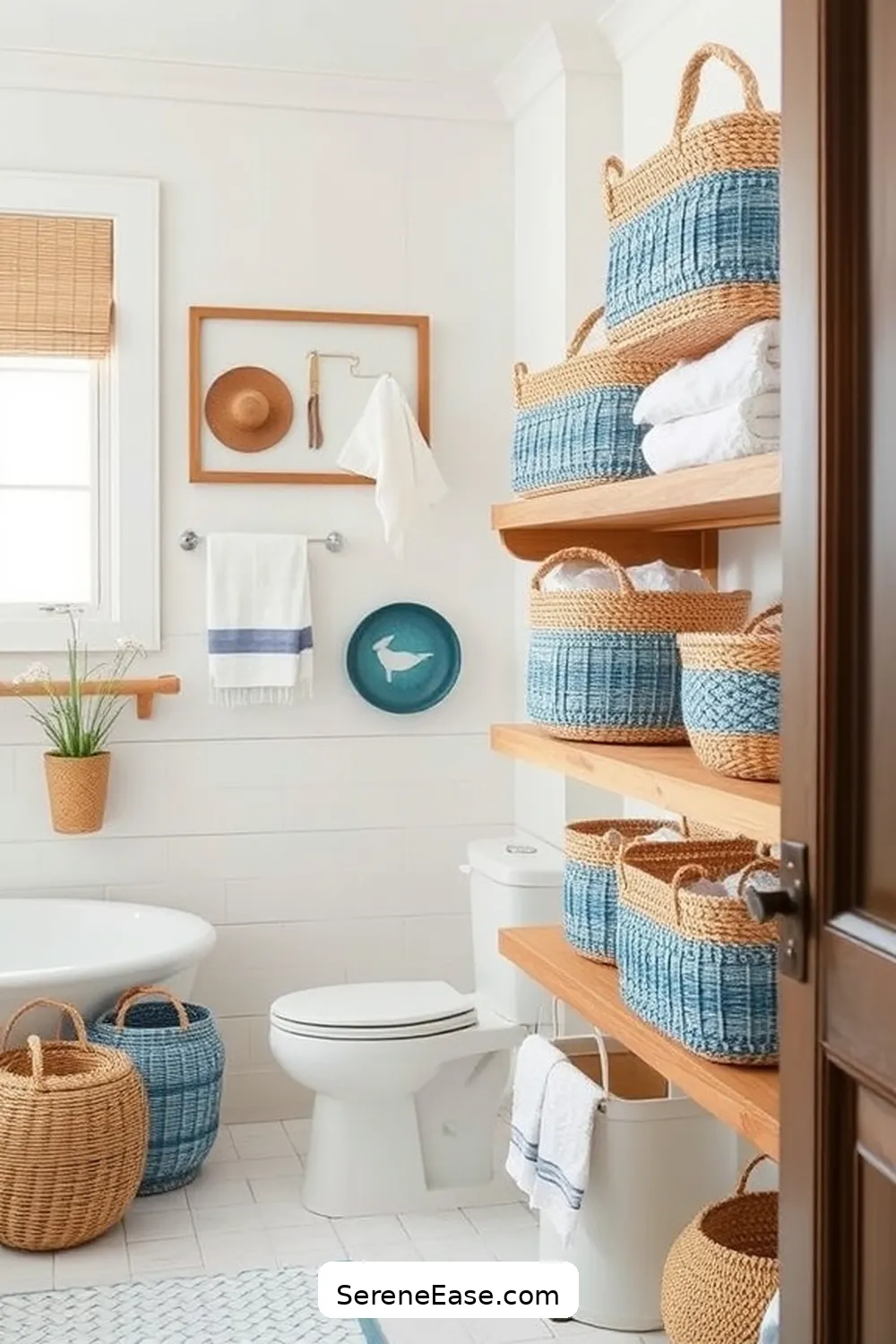 24 Ways to Create a Monochromatic Coastal Style Bathroom 13 Use Woven Baskets for Storage for 24 Ways to Create a Monochromatic Coastal Style Bathroom
