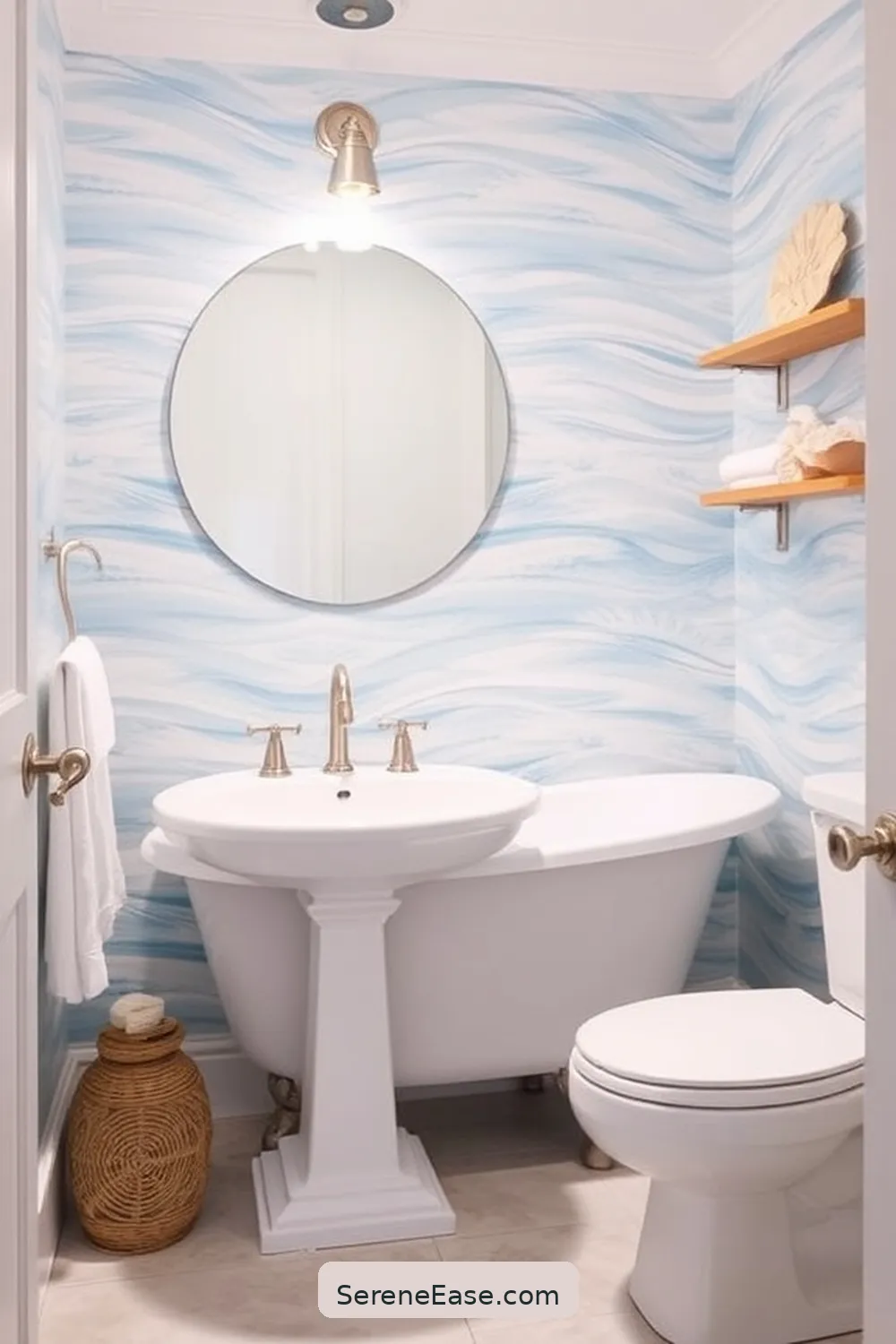 24 Ways to Create a Monochromatic Coastal Style Bathroom 20 Use an Ocean-Themed Wallpaper for 24 Ways to Create a Monochromatic Coastal Style Bathroom