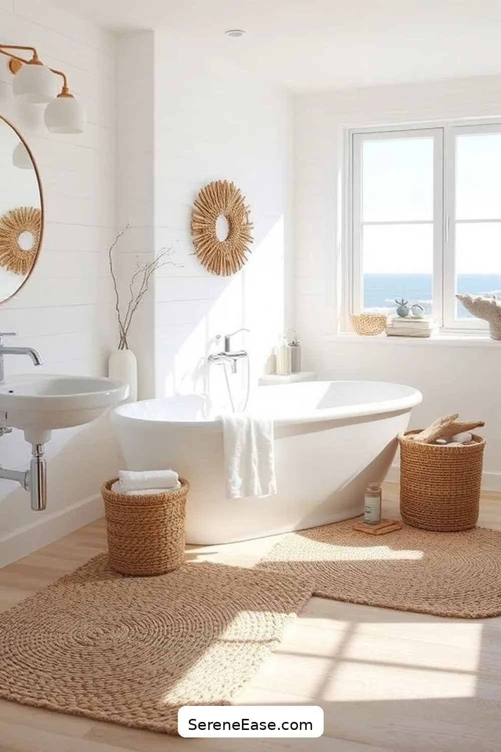 24 Ways to Create a Monochromatic Coastal Style Bathroom 9 Utilize Natural Fiber Rugs for 24 Ways to Create a Monochromatic Coastal Style Bathroom
