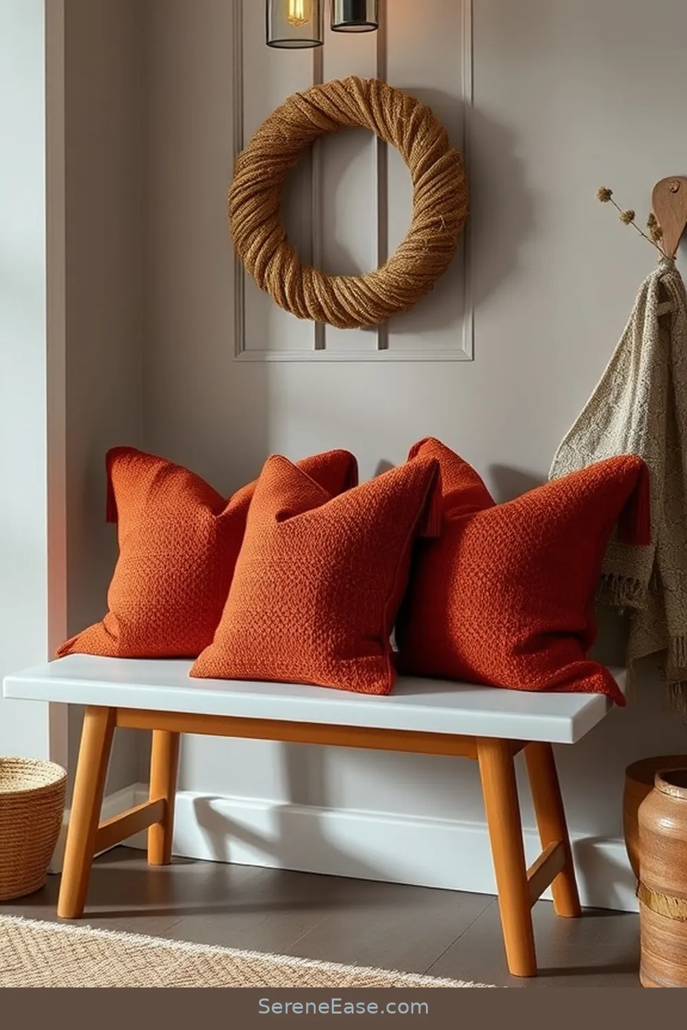 Incorporate Textured Throw Pillows for 24 Ways to Incorporate Earth Tones in Scandinavian Style Entryways