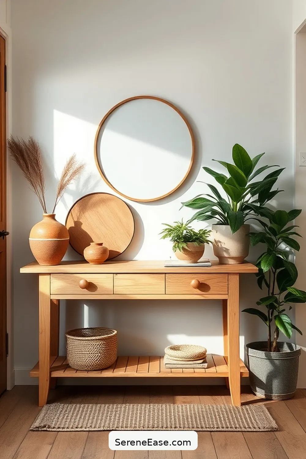 Incorporate a Natural Wood Console Table for 24 Ways to Incorporate Earth Tones in Scandinavian Style Entryways