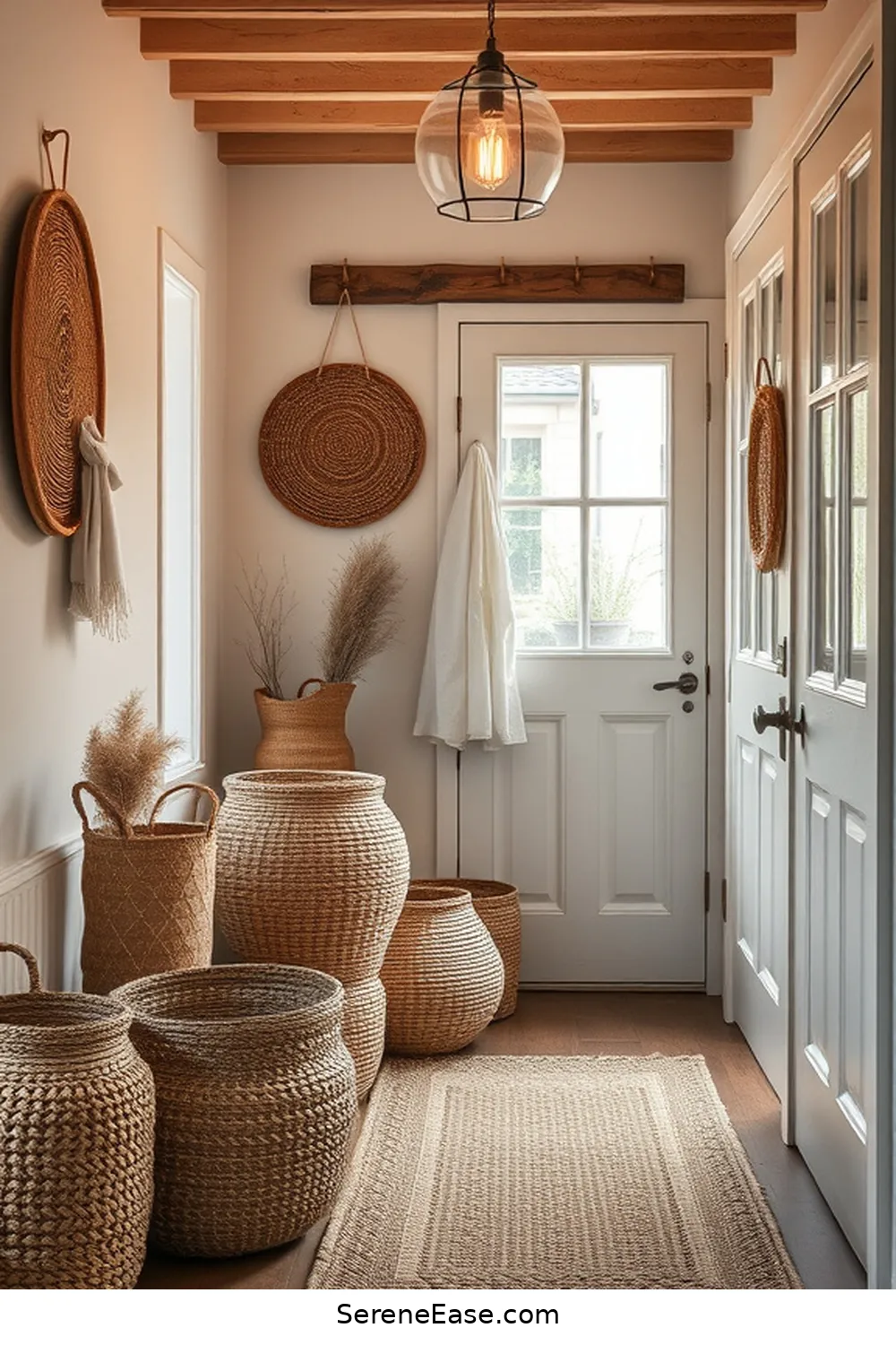 Use Woven Baskets for Storage for 24 Ways to Incorporate Earth Tones in Scandinavian Style Entryways