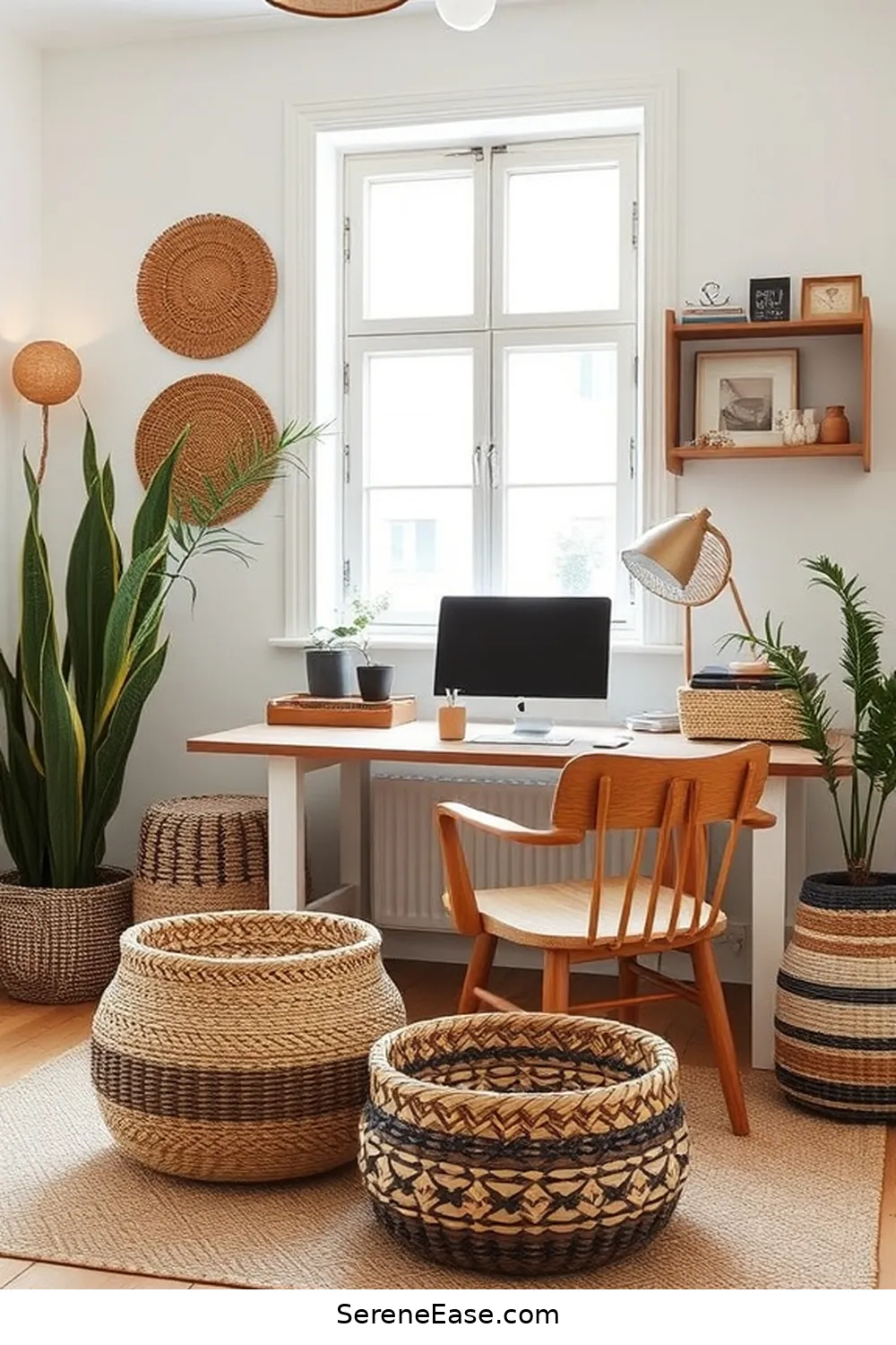 24 Ways to Incorporate Earth Tones in Your Scandinavian Style Home Office 9 Include Woven Baskets for Storage for 24 Ways to Incorporate Earth Tones in Your Scandinavian Style Home Office