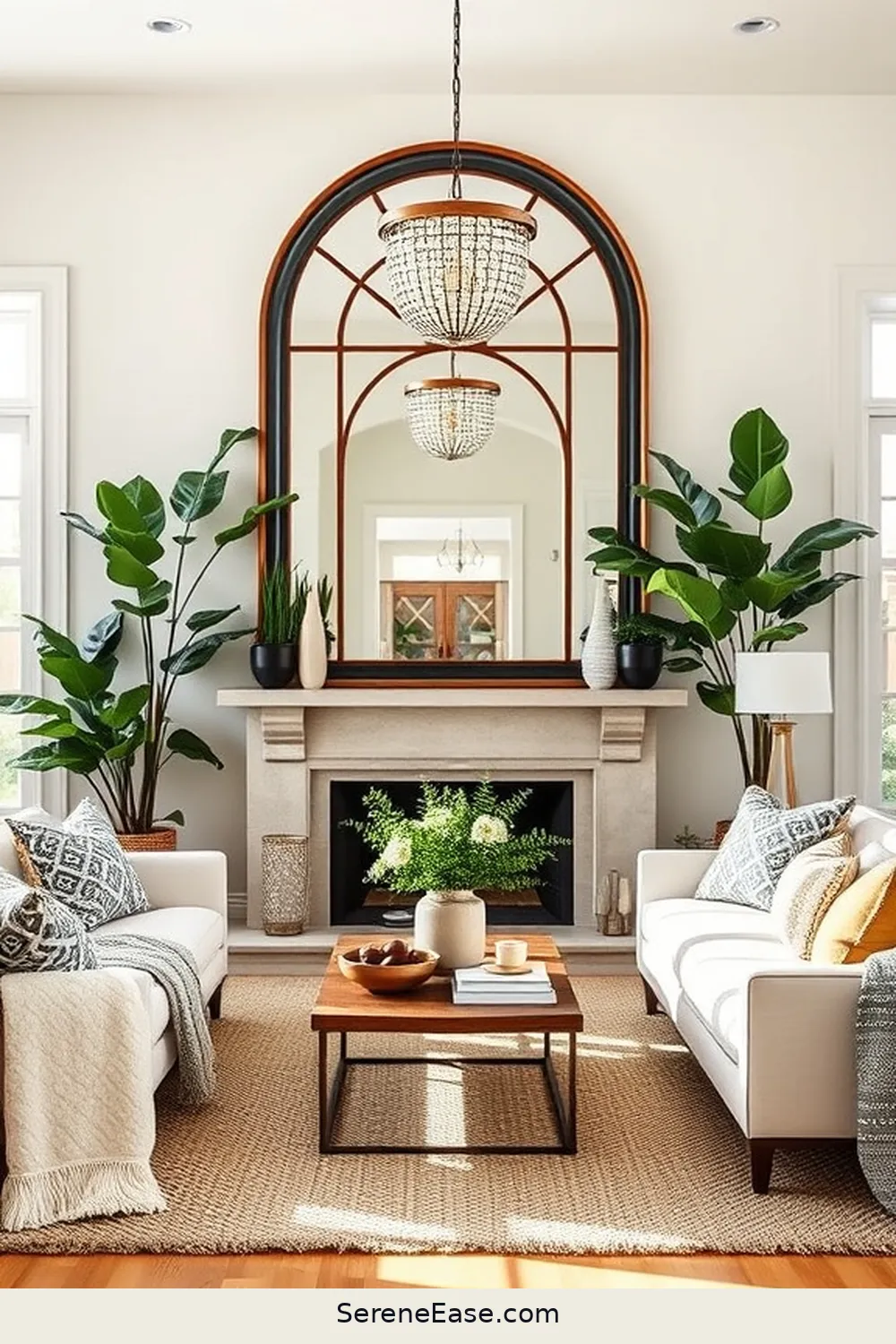 Choose Statement Mirrors With Color for 24 Ways to Incorporate Jewel Tones in Modern Farmhouse Living Room Style