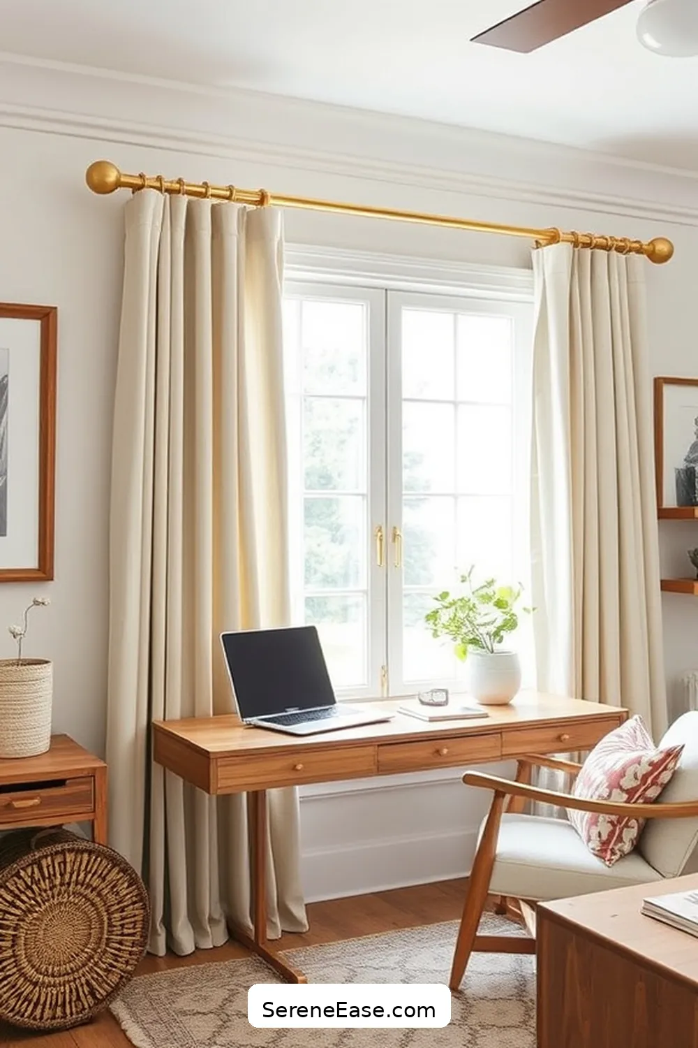 24 Ways to Incorporate Metallic Accents in a Modern Farmhouse Home Office Style 3 Brass Curtain Rods for 24 Ways to Incorporate Metallic Accents in a Modern Farmhouse Home Office Style