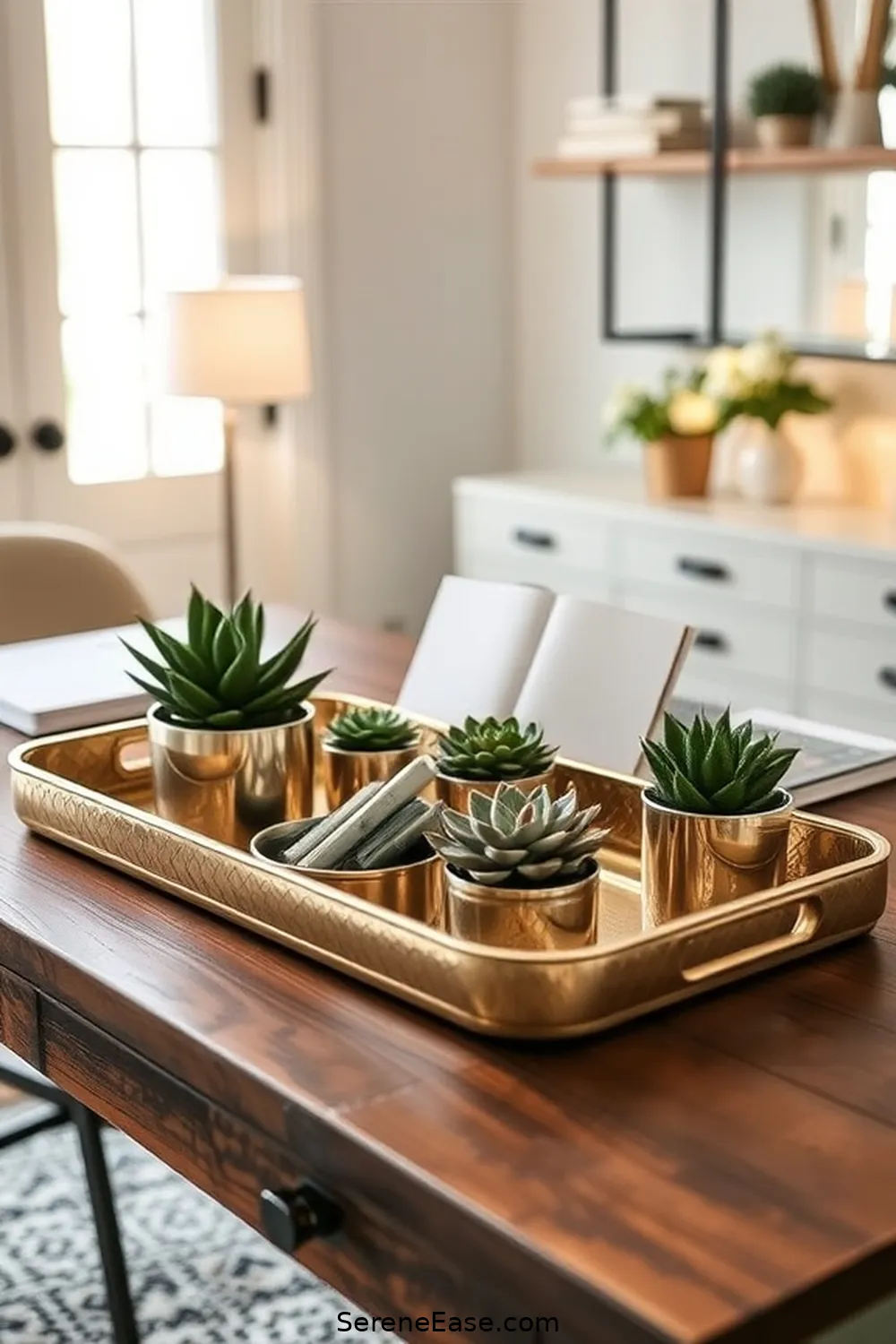 24 Ways to Incorporate Metallic Accents in a Modern Farmhouse Home Office Style 17 Decorative Metallic Trays for 24 Ways to Incorporate Metallic Accents in a Modern Farmhouse Home Office Style