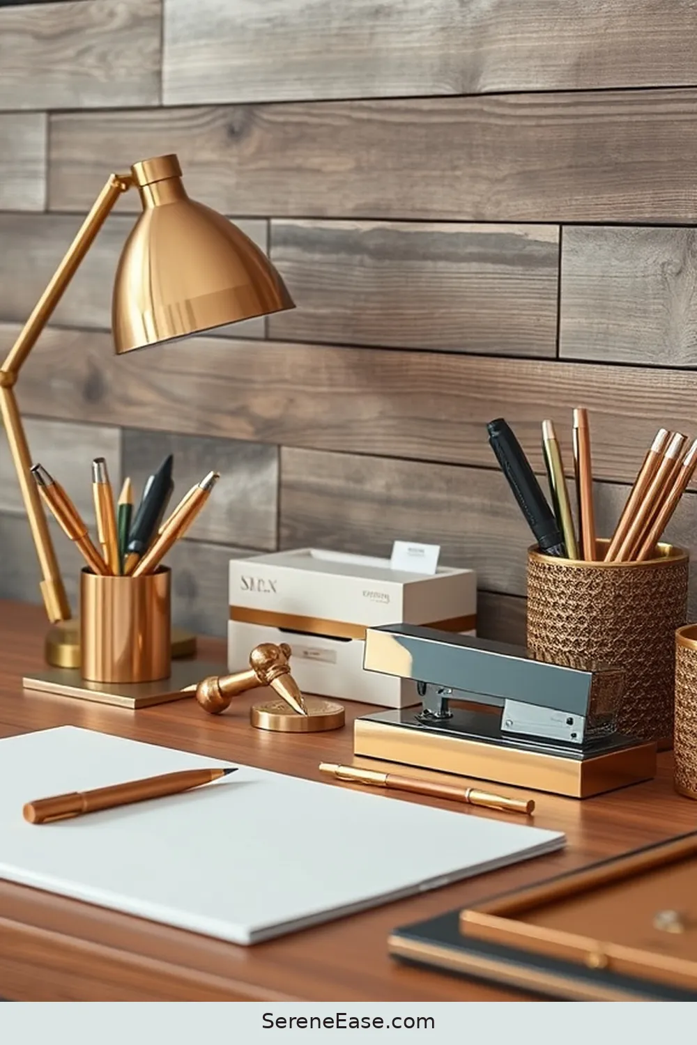 24 Ways to Incorporate Metallic Accents in a Modern Farmhouse Home Office Style 2 Metallic Desk Accessories for 24 Ways to Incorporate Metallic Accents in a Modern Farmhouse Home Office Style