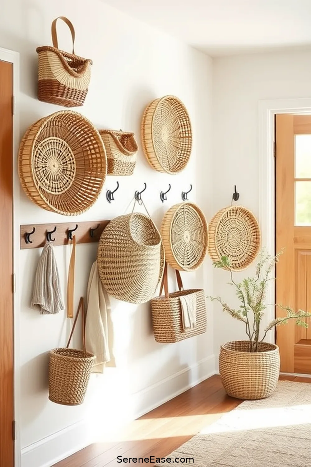 24 Ways to Incorporate Neutral Tones in a Modern Farmhouse Entryway Style 7 Hang Woven Baskets for Storage for 24 Ways to Incorporate Neutral Tones in a Modern Farmhouse Entryway Style