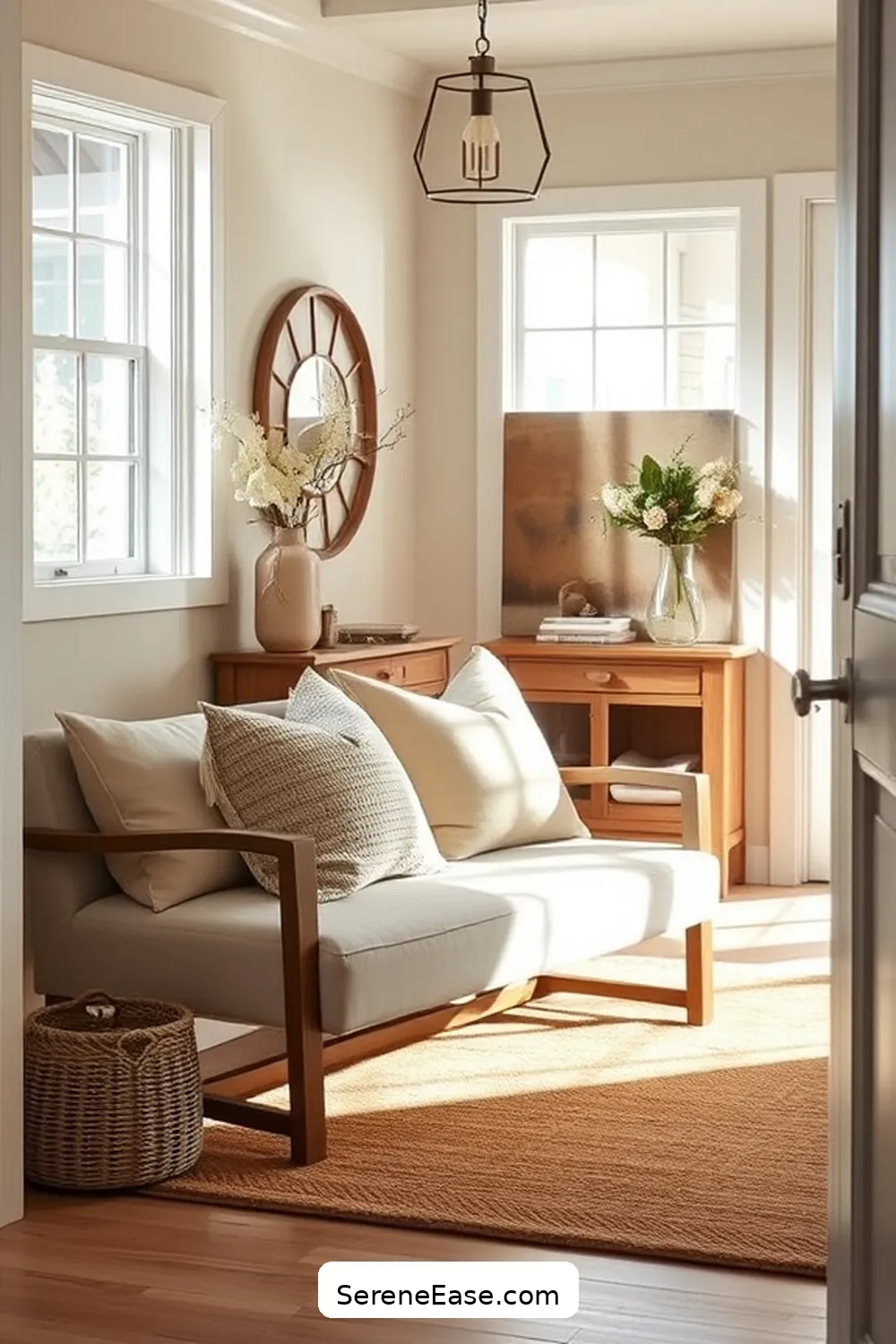 24 Ways to Incorporate Neutral Tones in a Modern Farmhouse Entryway Style 18 Implement a Bench With Neutral Upholstery for 24 Ways to Incorporate Neutral Tones in a Modern Farmhouse Entryway Style