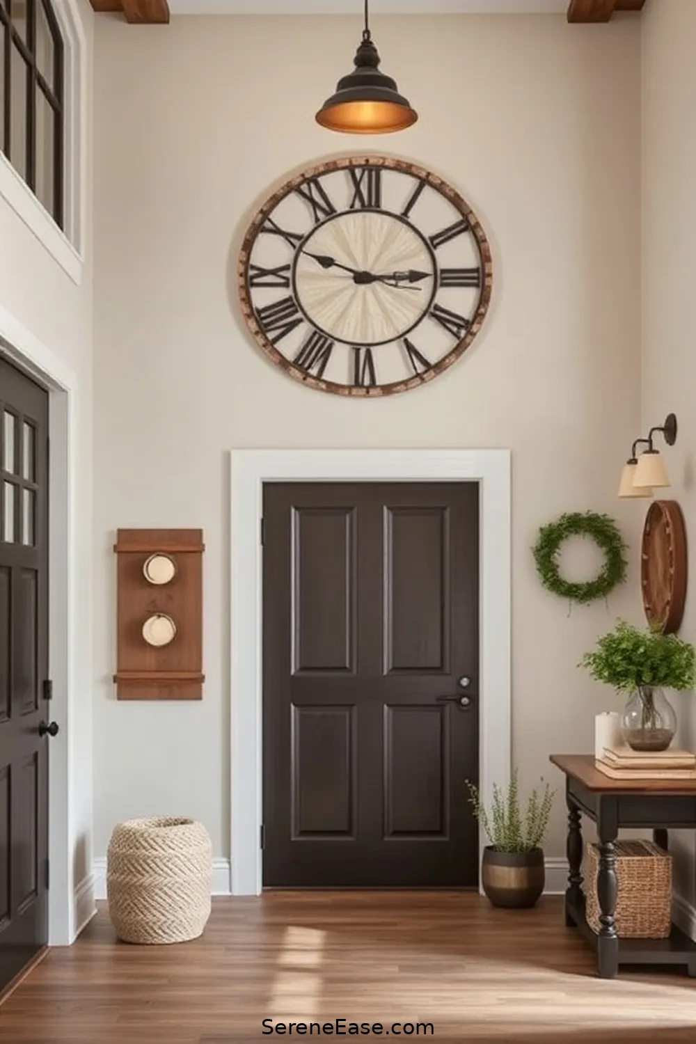 24 Ways to Incorporate Neutral Tones in a Modern Farmhouse Entryway Style 16 Use an Oversized Clock for 24 Ways to Incorporate Neutral Tones in a Modern Farmhouse Entryway Style