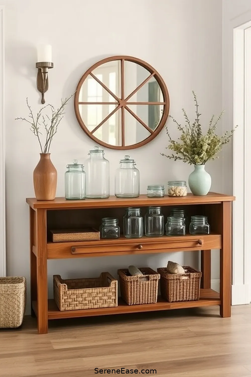 24 Ways to Incorporate Neutral Tones in a Modern Farmhouse Entryway Style 23 Utilize Clear Glass Jars for Organization for 24 Ways to Incorporate Neutral Tones in a Modern Farmhouse Entryway Style
