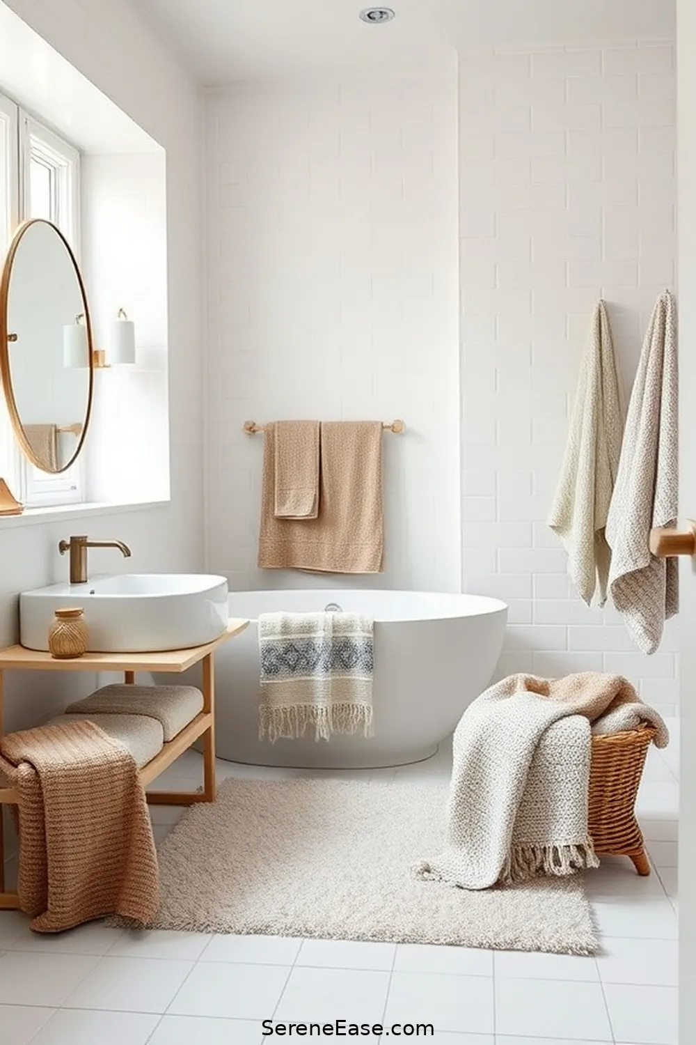 24 Ways to Use Neutral Tones in Scandinavian Style Bathrooms 6 Add Textured Fabrics for 24 Ways to Use Neutral Tones in Scandinavian Style Bathrooms