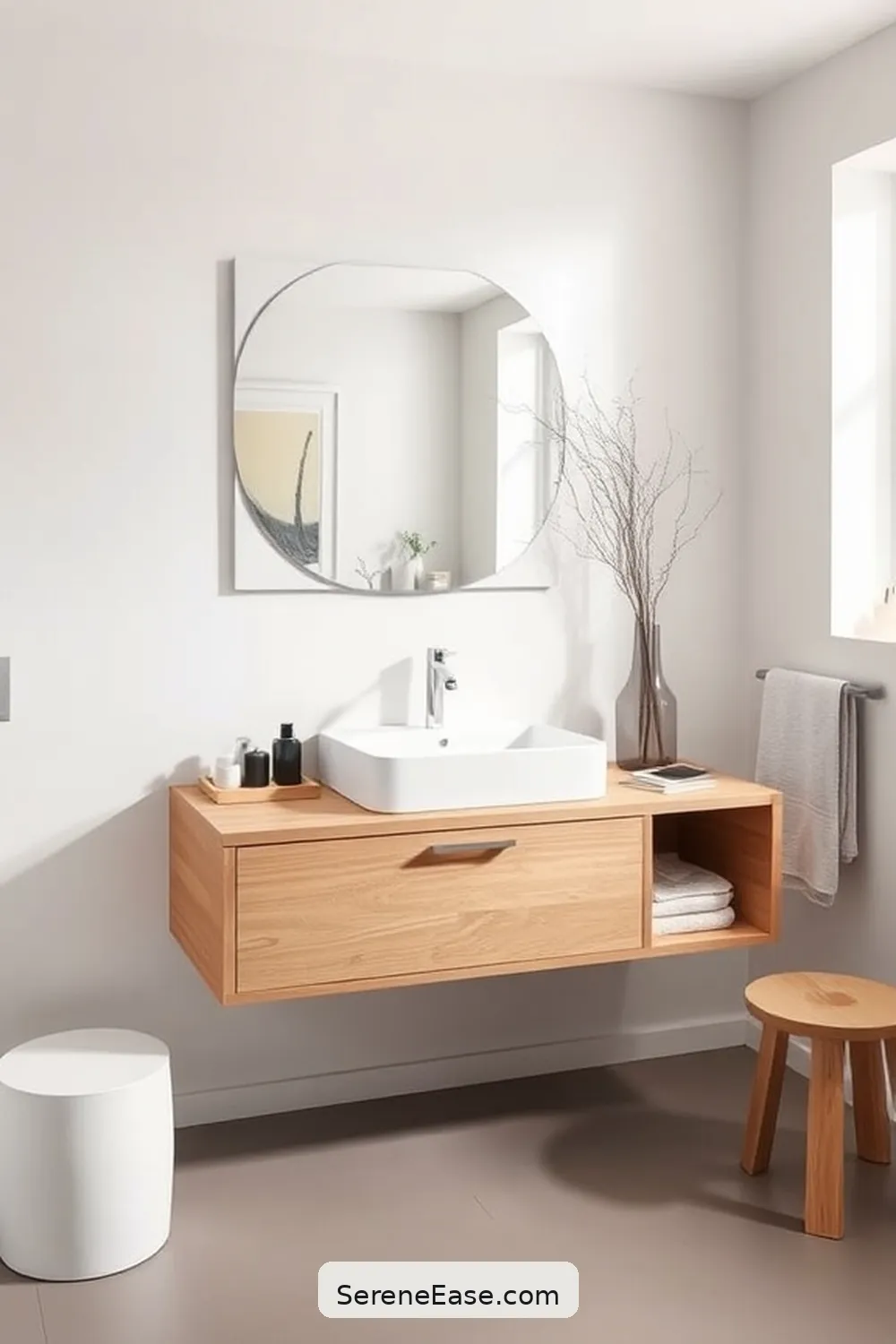 24 Ways to Use Neutral Tones in Scandinavian Style Bathrooms 7 Install a Floating Vanity for 24 Ways to Use Neutral Tones in Scandinavian Style Bathrooms