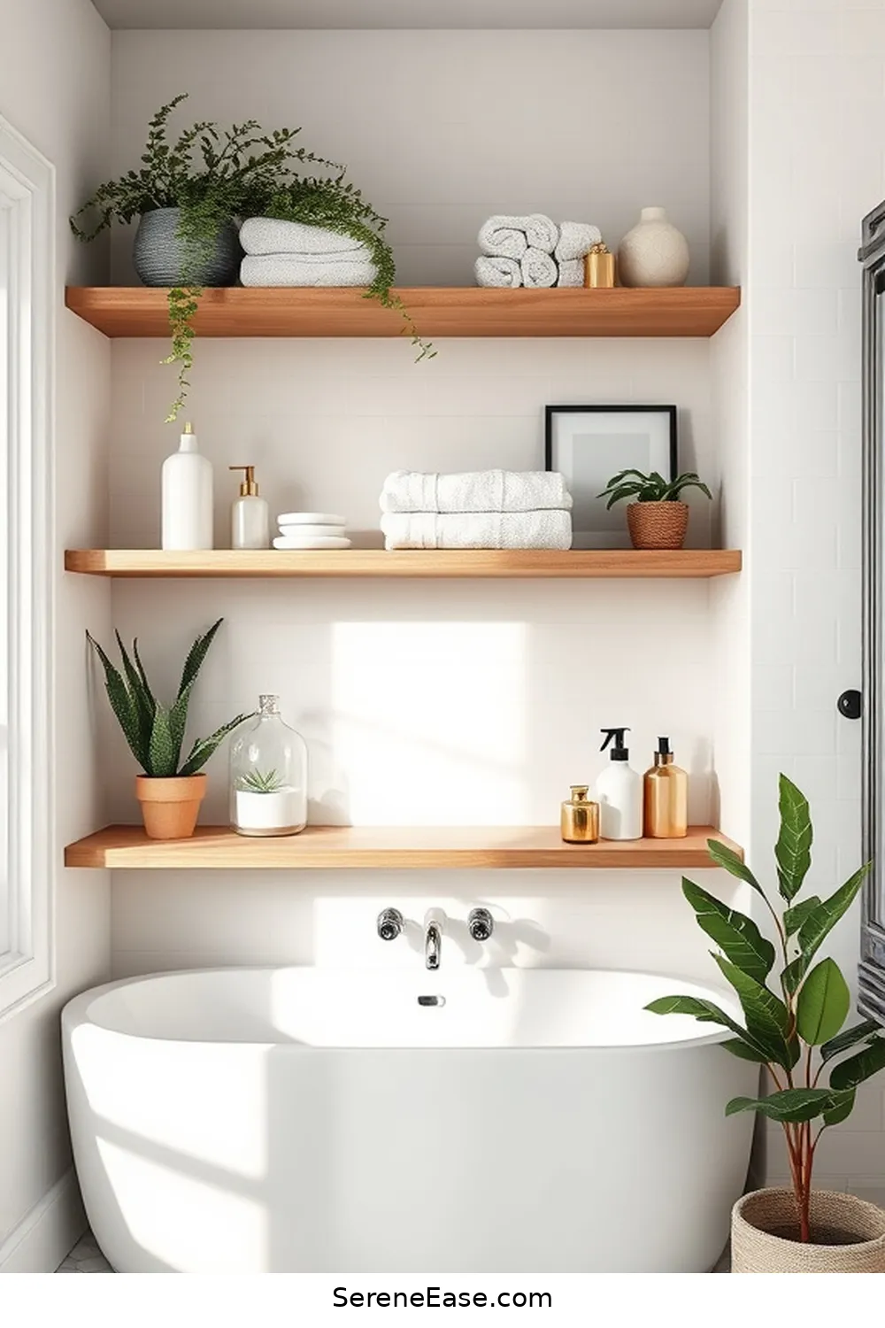 24 Ways to Use Neutral Tones in Scandinavian Style Bathrooms 12 Utilize Open Shelving for 24 Ways to Use Neutral Tones in Scandinavian Style Bathrooms