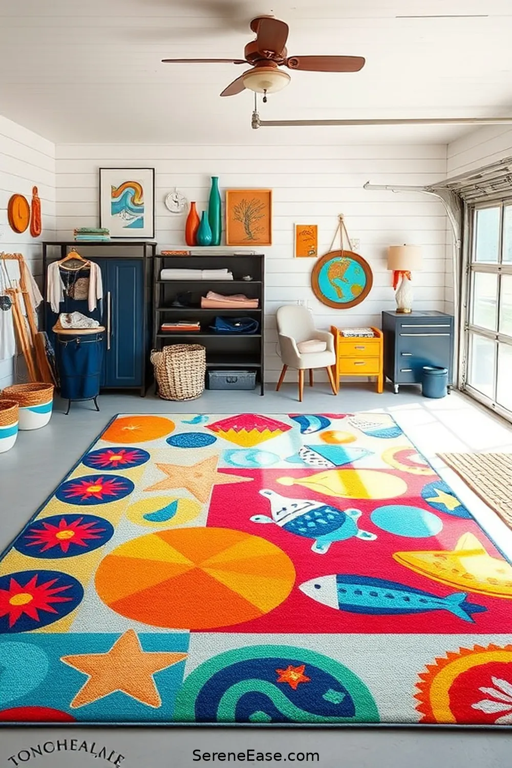 25 Bold and Bright Coastal Style Ideas for Your Garage 18 Install a Fun Area Rug for 25 Bold and Bright Coastal Style Ideas for Your Garage