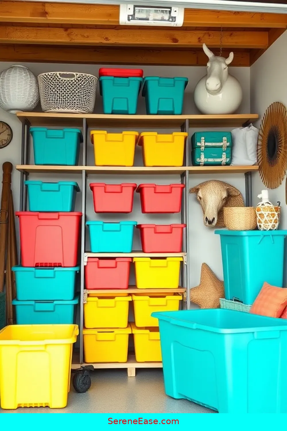25 Bold and Bright Coastal Style Ideas for Your Garage 13 Use Brightly Colored Storage Bins for 25 Bold and Bright Coastal Style Ideas for Your Garage