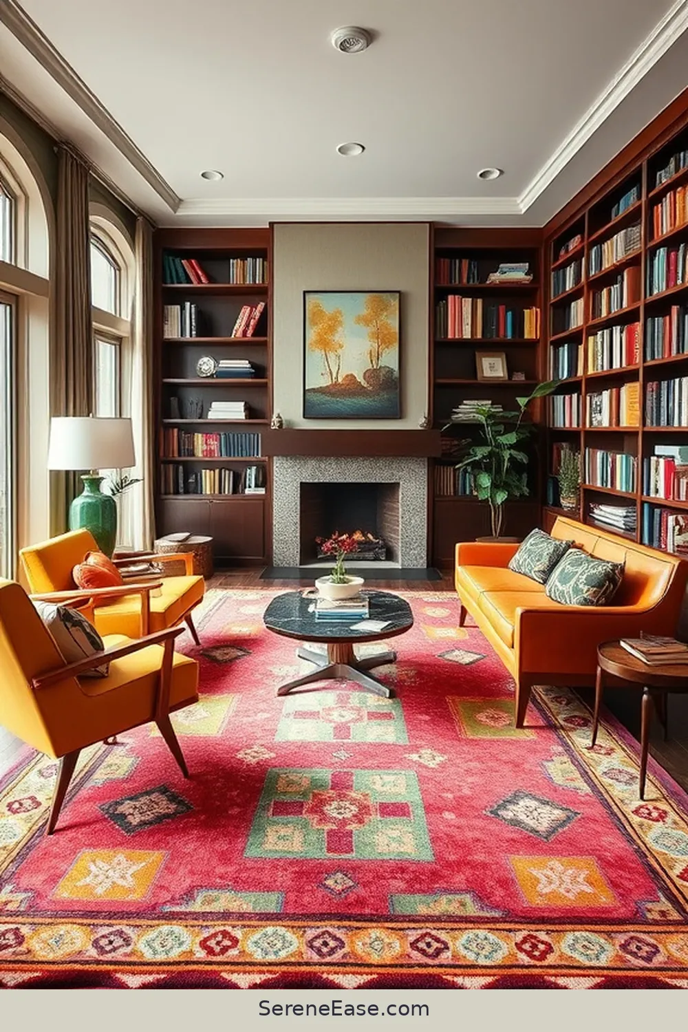 25 Essentials for a Bold and Bright Mid-Century Modern Library Style 13 Invest in Quality Rugs for 25 Essentials for a Bold and Bright Mid-Century Modern Library Style