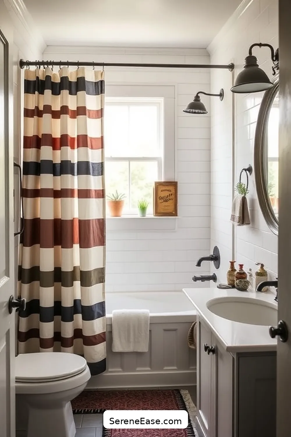 25 Stunning Black and White Bathroom Ideas in Modern Farmhouse Style 10 Bold Striped Shower Curtains for 25 Stunning Black and White Bathroom Ideas in Modern Farmhouse Style