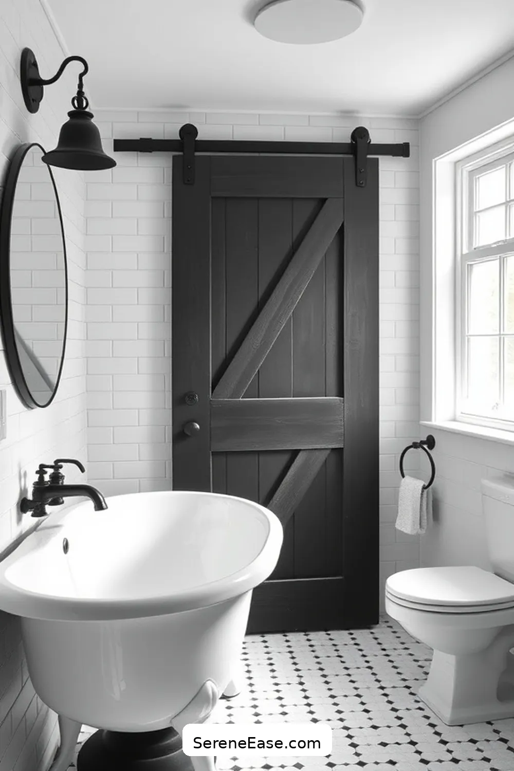 25 Stunning Black and White Bathroom Ideas in Modern Farmhouse Style 22 Charming Barn Door Features for 25 Stunning Black and White Bathroom Ideas in Modern Farmhouse Style