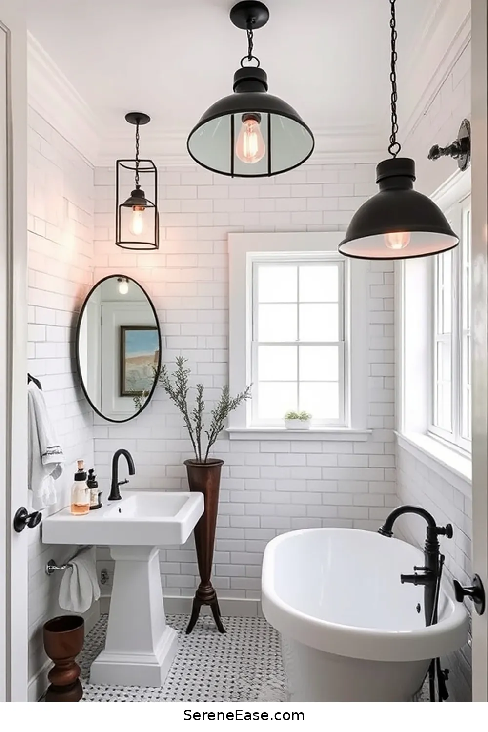 25 Stunning Black and White Bathroom Ideas in Modern Farmhouse Style 8 Chic Black and White Lighting for 25 Stunning Black and White Bathroom Ideas in Modern Farmhouse Style