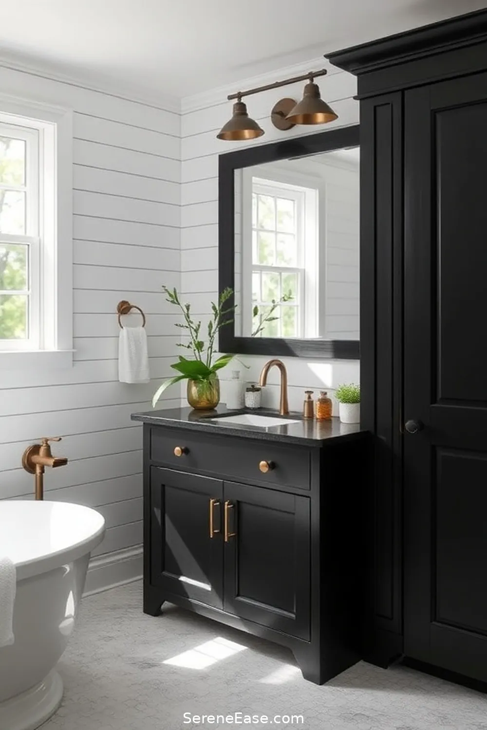 25 Stunning Black and White Bathroom Ideas in Modern Farmhouse Style 19 Contrasting Dark and Light Elements for 25 Stunning Black and White Bathroom Ideas in Modern Farmhouse Style