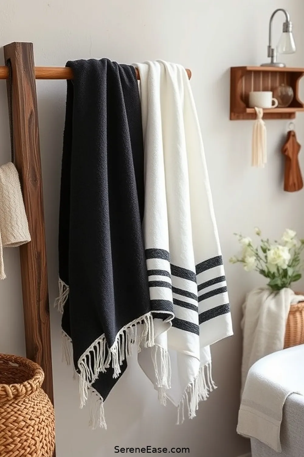 25 Stunning Black and White Bathroom Ideas in Modern Farmhouse Style 13 Cozy Black and White Towels for 25 Stunning Black and White Bathroom Ideas in Modern Farmhouse Style