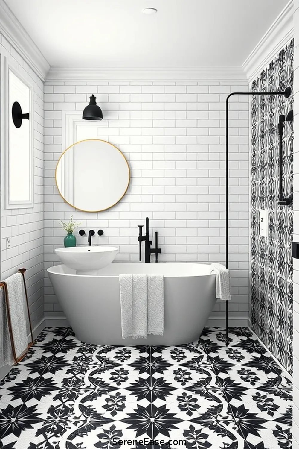 25 Stunning Black and White Bathroom Ideas in Modern Farmhouse Style 2 Elegant Black and White Tile Patterns for 25 Stunning Black and White Bathroom Ideas in Modern Farmhouse Style