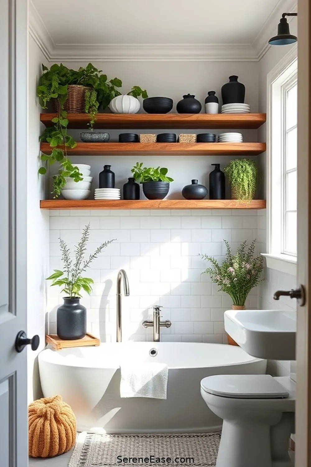 25 Stunning Black and White Bathroom Ideas in Modern Farmhouse Style 11 Farmhouse Style Open Shelving for 25 Stunning Black and White Bathroom Ideas in Modern Farmhouse Style