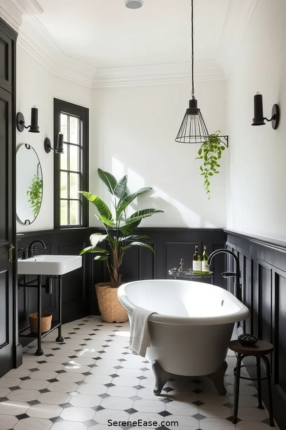 25 Stunning Black and White Bathroom Ideas in Modern Farmhouse Style 16 Farmhouse Style Wainscoting for 25 Stunning Black and White Bathroom Ideas in Modern Farmhouse Style