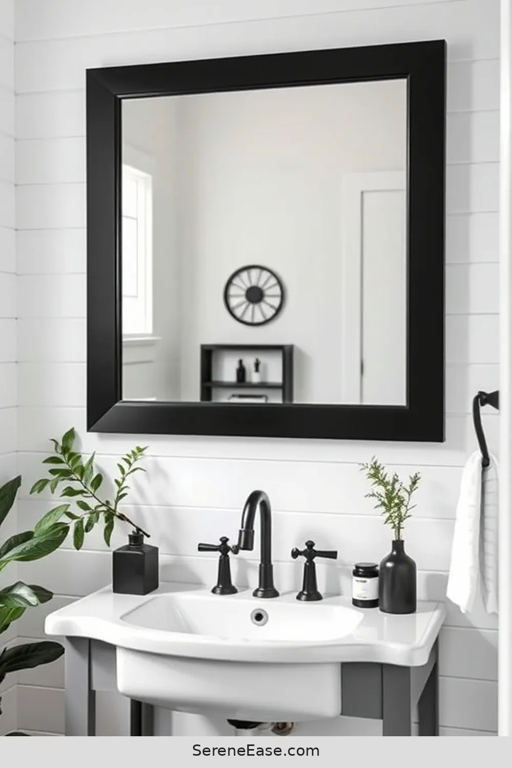 25 Stunning Black and White Bathroom Ideas in Modern Farmhouse Style 14 Minimalist Black Mirrors for 25 Stunning Black and White Bathroom Ideas in Modern Farmhouse Style