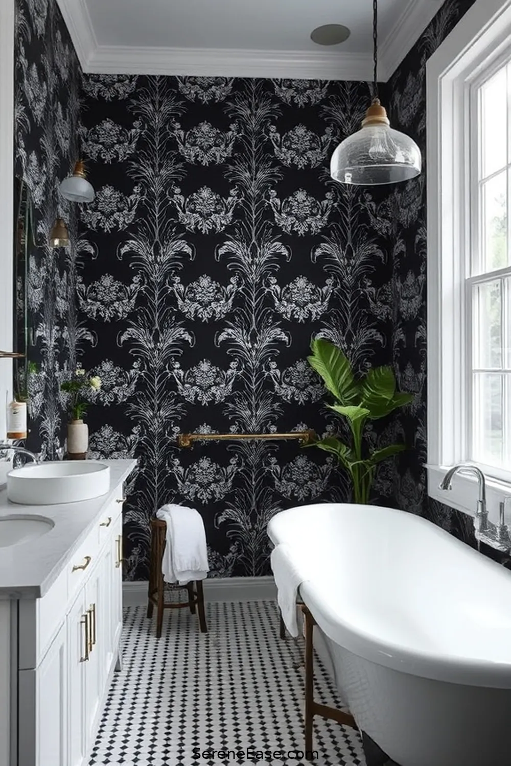 25 Stunning Black and White Bathroom Ideas in Modern Farmhouse Style 21 Modern Black and White Wallpaper for 25 Stunning Black and White Bathroom Ideas in Modern Farmhouse Style