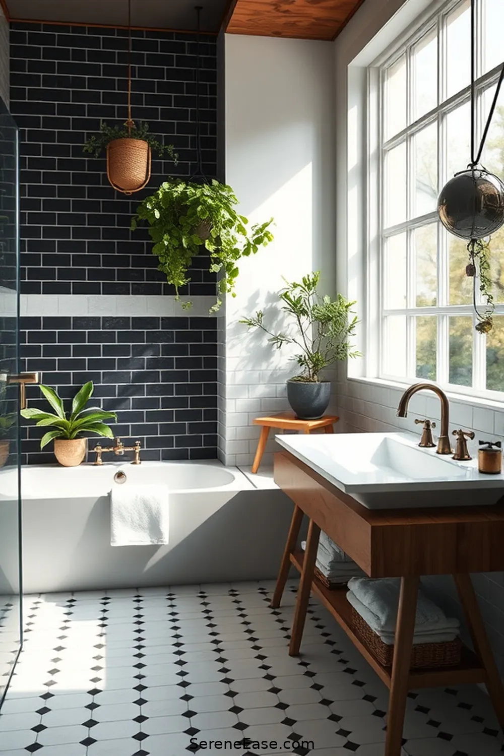 25 Stunning Black and White Bathroom Ideas in Modern Farmhouse Style 24 Nature-Inspired Decor Elements for 25 Stunning Black and White Bathroom Ideas in Modern Farmhouse Style