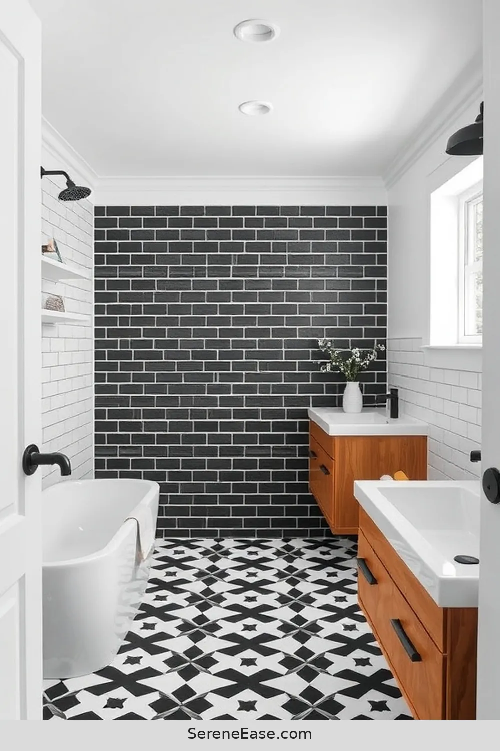 25 Stunning Black and White Bathroom Ideas in Modern Farmhouse Style 18 Playful Geometric Designs for 25 Stunning Black and White Bathroom Ideas in Modern Farmhouse Style